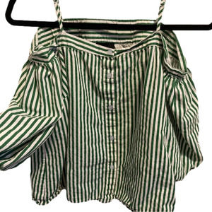 LUMIÈRE off the shoulder white and green striped shirt.